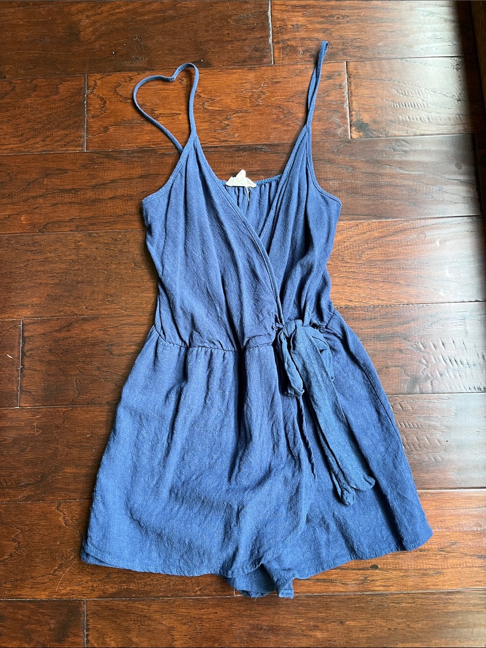 See You Monday Deep Blue Linen Wrap Romper with Side Tie